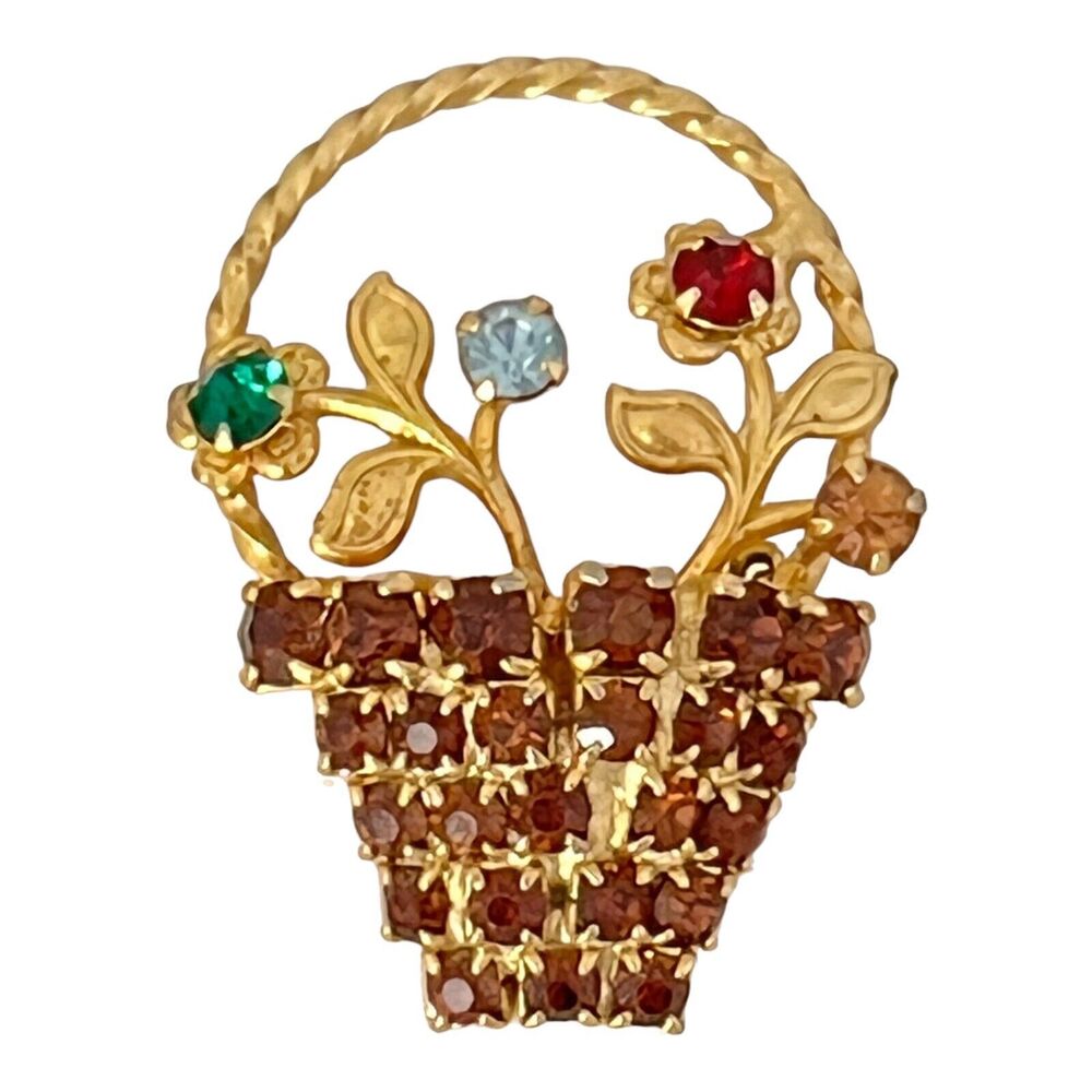 Vintage 1950s Rhinestone Flower Basket Brooch Gold Tone Floral Pin - 3D